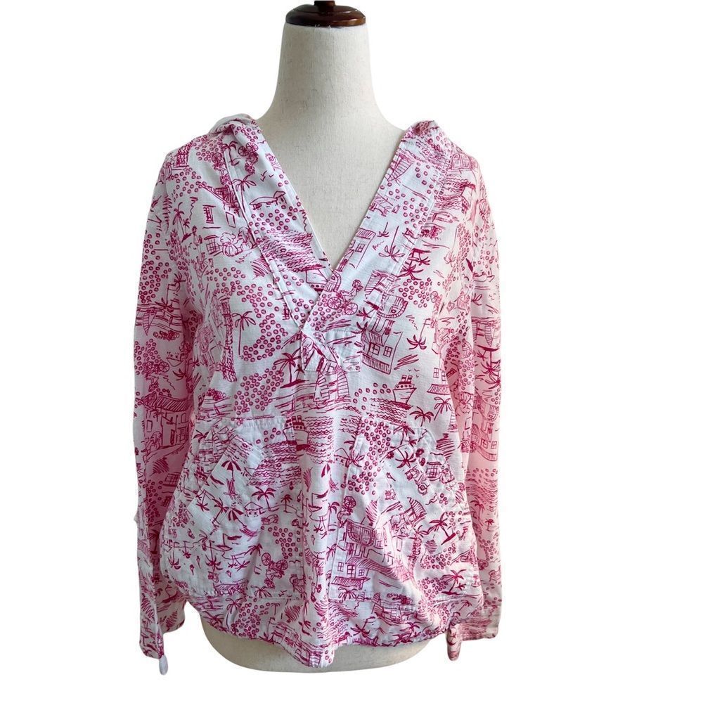 Christopher & Banks Hoodie Beach Travel Coastal Lightweight Red + White Cotton